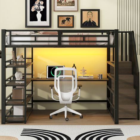 lit adulte bureau rangement 140x200 métal noir OKMYHOME (1/4)