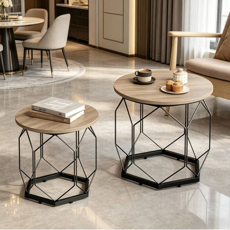 Lot de 2 tables basses rondes 50x45x50 cm et 40x36x40 cm gris effet bois en métal et bois avec plateau amovible (1/5)