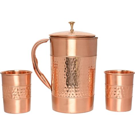 1 Carafe à eau en cuivre, 2 gobelets martelés, capacité 1,5 L, usage ayurvédique, intérieur pur