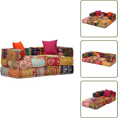 Pouf modulaire à 2 places Patchwork Tissu - Canapé Modular - Pouf Convertible - Canapé Lit - Décoration Intérieure - Style Exotique