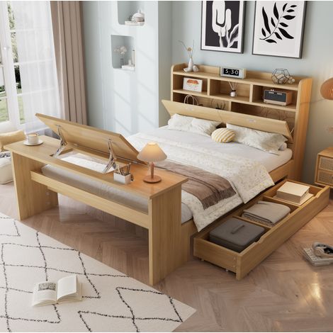 Cama 140x200 cm con almacenaje, estantería en cabecero, cajón y mesa plegable OKWISH (1/5)