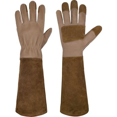 Gants de jardinage pour homme et femme, gants longs résistants aux épines, cuir de porc, respirants et durables (taille S, marron)