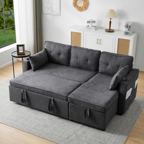 Ecksofa mit Schlaffunktion, Bettkasten & Getränkehalter, Grau (1/5)