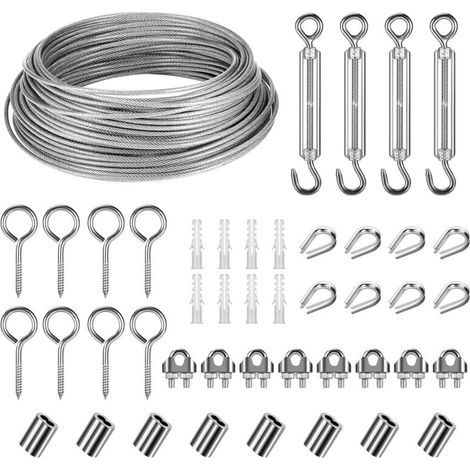Câble en acier inoxydable 30m – 3mm recouvert de PVC avec tendeurs et accessoires – Pour cordes à linge et suspensions lumineuses (1/5)