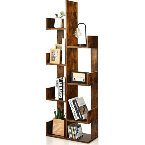 COSTWAY Bibliothèque, Étagère de Rangement à 8 Niveaux en Forme d'arbre, Dispositif Anti-basculement, Etagère à Livres pour Salon, Chambre, Bureau (Marron Rustique) (1/5)