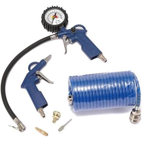 6-teiliges Kompressor-Zubehörset – 5 m Luftschlauch – Reifenfüller/Ausblaspistole – Adapterdüsen – Werkstatt/Garage/Heimwerkerbedarf – Blau (1/5)