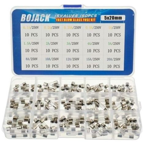 15 Valeurs Assortiment de fusibles en verre avec raccord rapide 150pcs 5x20mm 250V 0,1 0,2 0,25 0,5 1 1,5 2 3 4 5 8 10 12 15 20A Conditionnement en boite plastique transparente (1/5)
