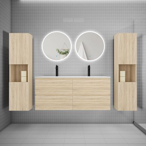 Ensemble meuble double vasque L.120cm 4 tiroirs + lavabo + 2LED miroirs rond 60cm + 2colonne,chêne C