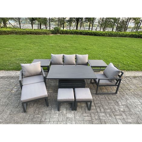 Fimous Aluminium Garden Furniture Sets 8 Seater Outdoor Sofa Set with Adjustable Rising Lifting Dining Table 2 Chairs 3 Footstools 2 Side Tables (1/5)
