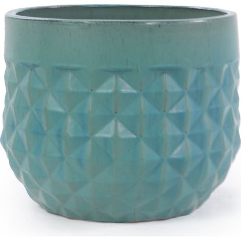 Set de 3 pots de fleurs en céramique émaillée turquoise, diamètres 36/29,5/21,5 cm, motif diamant, pour intérieur et extérieur (1/5)