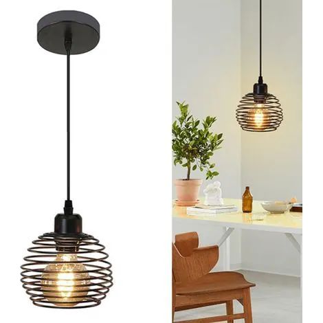 Suspension en métal noir E27 style industriel rétro vintage pour cuisine, salle à manger, salon, bureau, restaurant (ampoule non incluse). (1/3)