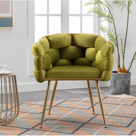 Silla de acento oliva de metal con terciopelo y reposabrazos, diseño moderno (1/5)