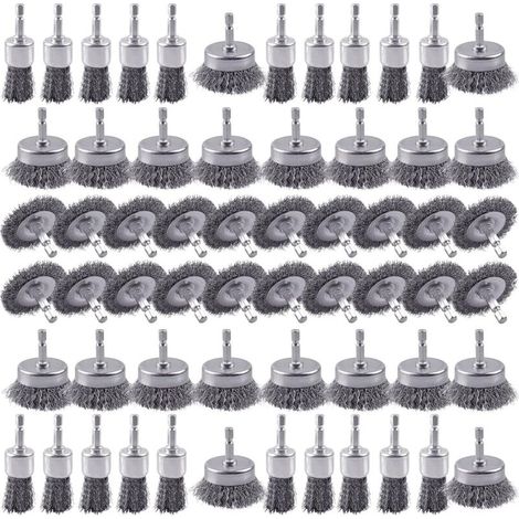 Brosse métallique à roue - 3 types avec manches hexagonaux de 6,35 mm (1/4 pouce) pour le décapage de la rouille, lot de 30 pièces (1/5)