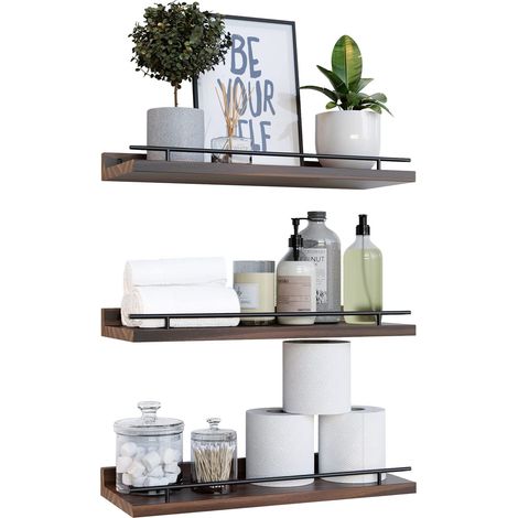 Tablettes Murales en Métal et Bois Véritable Placage 3pcs Brun 40x15cm (1/3)