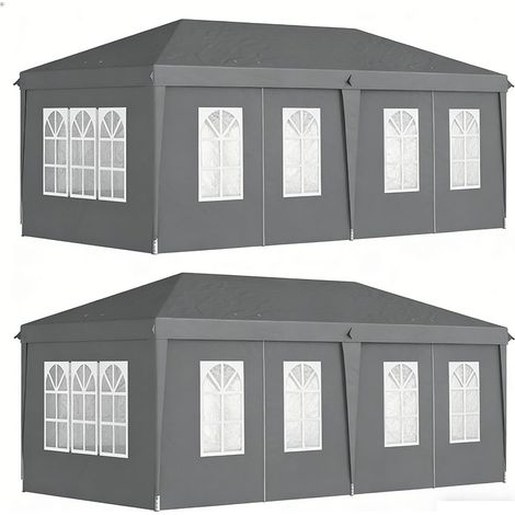 2er-Set pavillon ca. 3x6m Wasserdicht Pop-up Faltpavillon mit 4 Seitenwänden, Fenster UV-Schutz Tragetasche Grau