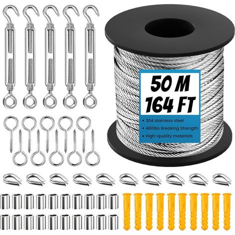 Edelstahlseil – Gartenaufhängungsset – 2 mm PVC-ummantelter Draht – M5-Spannschlösser, Haken, Ösen, Schlaufen – Für Kletterpflanzen im Freien – 50 m (1/5)