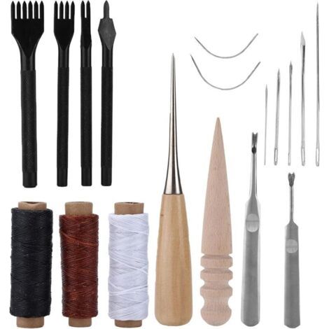 Ensemble d'outils en cuir - Kit de couture 18 pièces pour denim, moquette, revêtement rembourré, outils de travail du cuir et accessoires d'artisanat