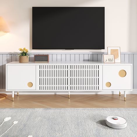 TV-Schrank Weiß 170 cm Lowboard Modern mit Gitterfront & Golddekor, TV-Board MDF Fernsehschrank mit 4 Türen & Kabelmanagement für Wohnzimmer