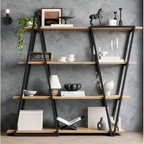 Scaffale in MDF e metallo nero marrone 158 x 35 x 166 cm, 4 ripiani aperti, piedini regolabili (1/5)