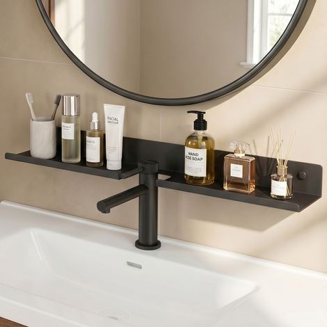 doporro Waschbecken Ablage 60 cm über dem Wasserhahn, Badezimmer Regal Montage mit oder ohne Bohren, Waschbecken-Wasserhahn-Organizer, Spülbecken Organizer & Duschablage, Grau Reglo-17 (1/5)