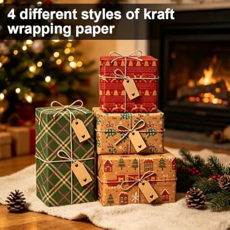 Kit de papier cadeau de Noël, 4 rouleaux de papier kraft recyclable de 43 cm x 3 m chacun, idéal pour emballer les cadeaux de Noël, les fêtes et les anniversaires. (1/4)