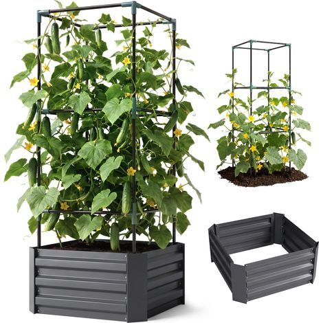 Jardinière surélevée avec treillis, bac à plantes grimpantes, fond ouvert, résistante aux intempéries, 61 cm x 61 cm x 140 cm, gris foncé (1/5)