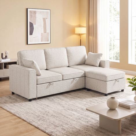Canapé d'Angle Convertible en Chenille, Canapé-Lit 3 Places Modulaire 225 cm avec Pouf de Rangement, Beige (1/5)