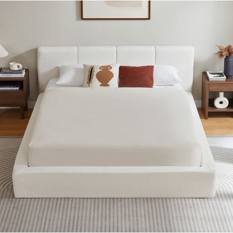 Cama doble 160x200 cm de acero blanco crema con cabecero acolchado – MEUBLIV (1/5)