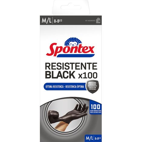 Spontex Guanti Monouso Nitrile Neri Resistente Black, 100 pezzi, Senza Lattice e Senza Polvere, Multiuso, taglia M/L