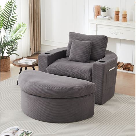 Sillón lounge de 1 plaza en pana gris con puf ajustable y almacenaje para salón – MEUBLIV (1/5)