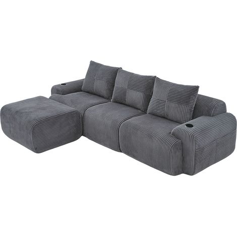Sofá modular de 3 plazas en tejido de cordón gris oscuro con pufs, portavasos y bolsillo lateral (1/5)