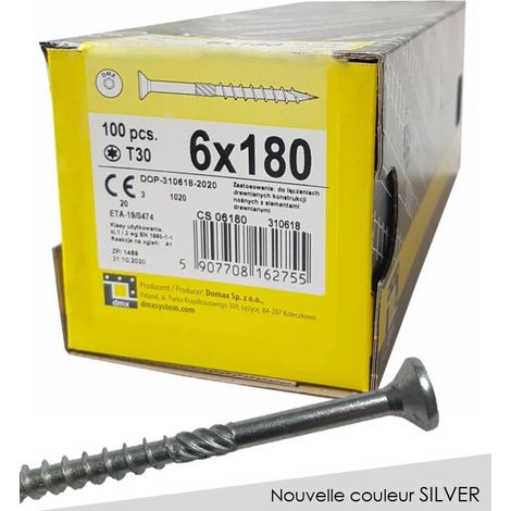 BOITE DE 100 VIS À TÊTE FRAISÉE 6 x 180, EMPREINTE TORX FINITION SILVER