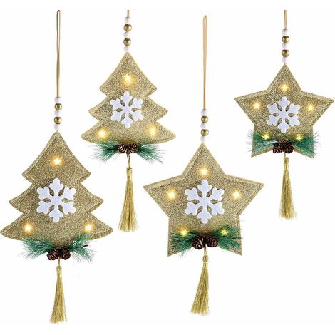 Decorazioni natalizie dorate in panno con luce da appendere a forma di stella e albero con fiocco di neve, set da 4 pezzi, Grande: cm 15 x 16,5 H