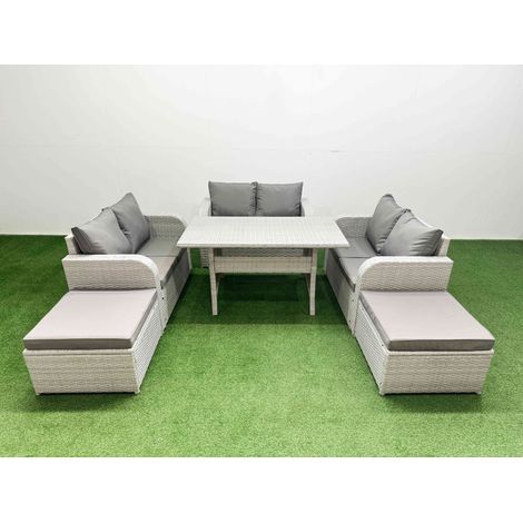 Fimous 8 Seater PE Wicker Rattan Furniture Sofa Sets with Rectangular Dining Table 2 Seater Love Sofa 2 Big Footstool Light Grey (1/5)