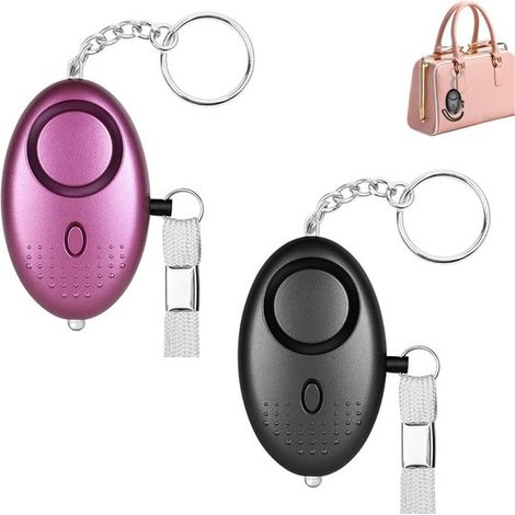 Lot de 2 alarmes personnelles – 140 dB – Lampe LED – Porte-clés – Spray au poivre – Autodéfense – Noir et violet – Femmes et seniors (1/5)