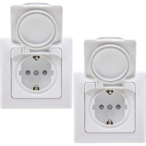 prises IP44 avec couvercle à charnière et cadre - 2 prises encastrées avec contact de protection, pour pièces humides et extérieur, 230 V - Blanc (1/5)
