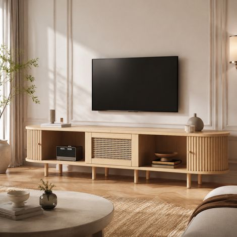 Mobile TV 180 x 40 x 40 cm in MDF con cassetto e ante scorrevoli, legno naturale DESVIAE (1/5)