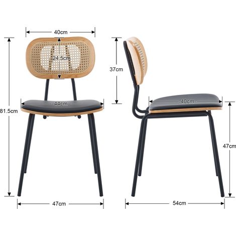 Wahson Lot de 2 chaises en bois noir – Dossier en rotin – Coussins en cuir PU – Pieds métalliques robustes – Chaise salle à manger vintage