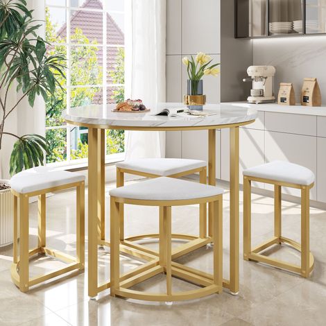 Ensemble table et chaises 80x80x75cm ronde 4 chaises MDF et métal gain de place blanc or (1/5)