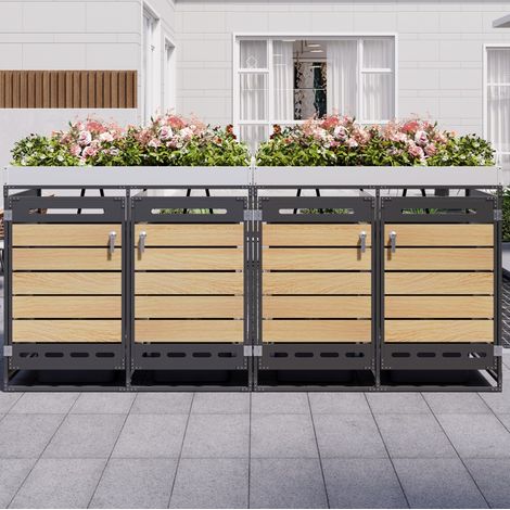 Cubierta para cubos de basura de hierro negra con jardinera superior, 4 compartimentos, ventilación y puertas con cerradura (1/5)