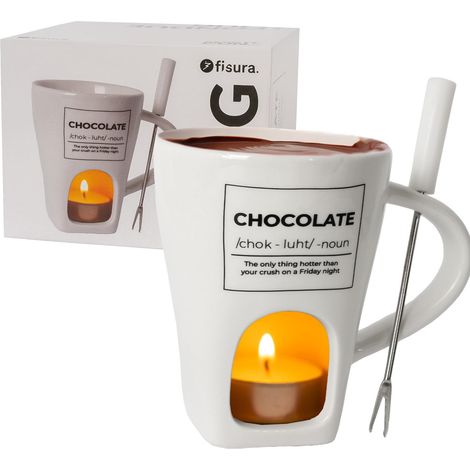 Tasse fondue chocolat blanche avec fourchette. Tasse fondue chocolat 140 ml en céramique, parfaite également comme fromage. Originale pour offrir en cadeau