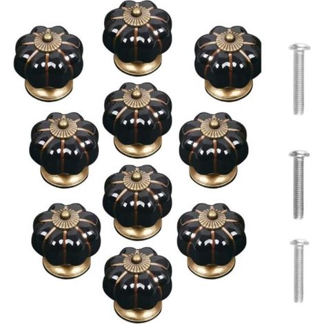 (Black) Set of 10 vintage ceramic pumpkin-shaped door handles, simple cabinet drawer pulls