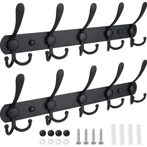 Porte-manteau mural, cinq crochets robustes, construction entièrement en métal pour veste, manteau, chapeau dans l'entrée du vestiaire (noir mat, paquet de 2) (1/5)