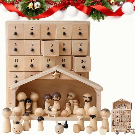 The Redeemer - Advent Calendar with Nativity Scene  Wooden Box with 25 Drawers, 30-Piece Figure Set for Kids and Family, Christmas Countdown with Wooden Stable