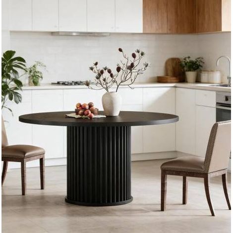 Mesa de comedor redonda negra de 120 cm, MDF y base metálica, para 6 personas DESVIAE (1/5)