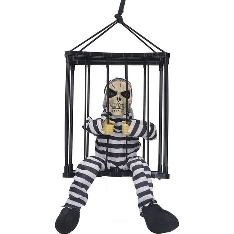 Halloween effrayant crâne Cage prisonnier yeux brillants cris fantomatiques intéressant alimenté par batterie décor accessoire fantôme à capuche (1/5)