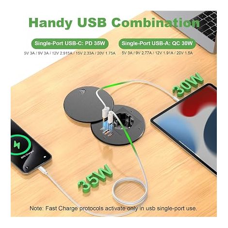 Prise Encastrable USB C et USB Multiprise Encastrable Plan de Travail avec Couvercle Bloc Prise Escamotable pour la Cuisine Le Bureau Les Meubles Câble Noir (1/4)