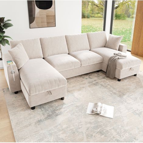 U-Form Sofa 279/135/84 cm in Beige aus Chenille mit Stauraum und USB/Type-C (1/5)