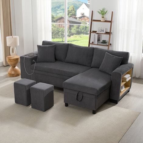 Canapé d'angle convertible 3 places 231 x 131,5 x 84 cm avec rangement ports USB-C étagère et coussins, velours côtelé Gris (1/5)