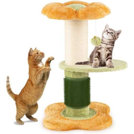 Arbre à chat jaune 3 niveaux avec perchoir moelleux, griffoir en sisal et brosse autonettoyante pour intérieur et appartement (1/5)